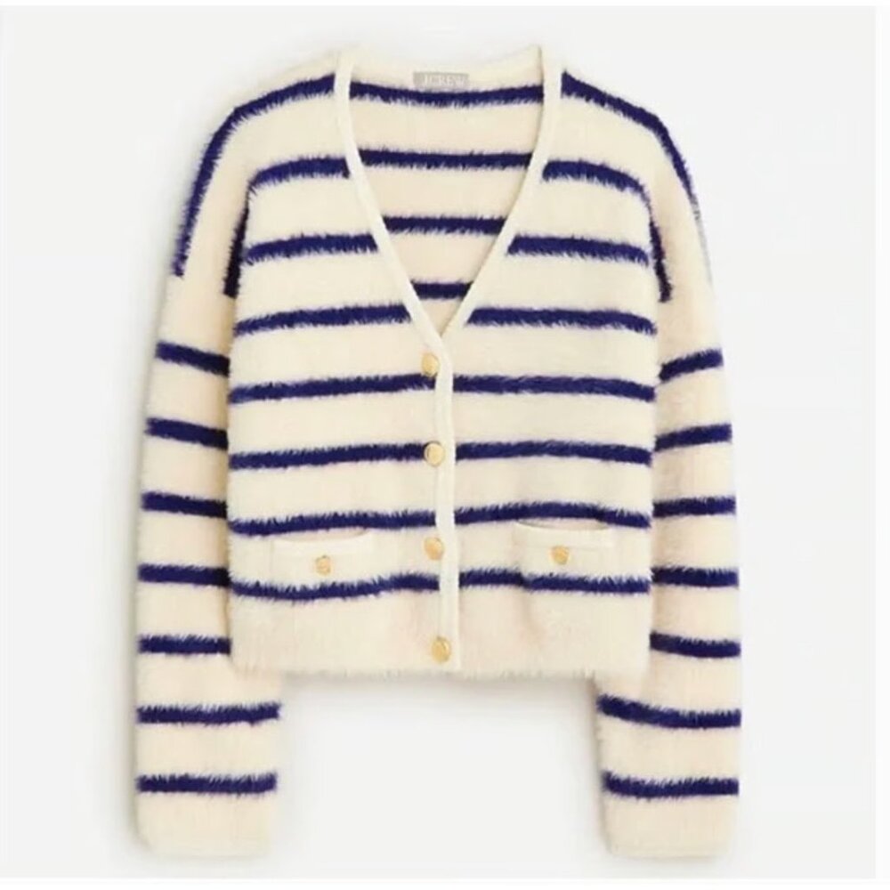 NWT J.Crew Sweater Lady Jacket in Warm Sesame Indigo Striped Brushed Yarn S